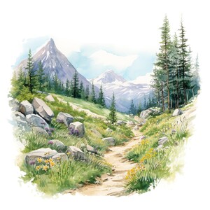 10 trilhas para caminhadas na montanha conjunto de clipart de paisagem de verão aquarela digital pintura de cena da natureza aventura ao ar livre ilustração clip art pacote