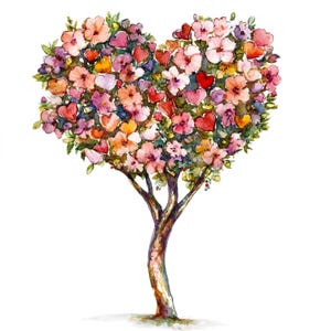 Conjunto de 10 imágenes prediseñadas de árboles de flores en forma de corazón, pintura de acuarela digital, ilustración botánica floral, paquete de imágenes prediseñadas románticas para el Día de San Valentín