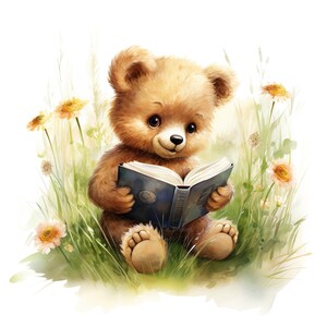 Ensemble de 10 cliparts de bébé ours lisant un livre, aquarelles numériques, illustration d'animaux de la forêt, décoration de shower de bébé, heure du conte, clipart