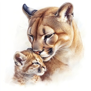 10 Puma Madre con il suo bambino Clipart Set Digitale Acquerello Animale Pittura Amore Materno Illustrazione Leone di Montagna Grande Famiglia di Felini Clip Art