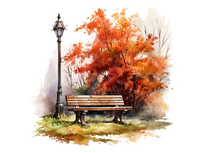 10 Autumn Bench Art Park Bench Clipart Fall Park Bench Autumn ...