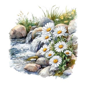 10 margrieten door de rivier clipart set digitale aquarel schilderij bloemen landschap illustratie groen gras botanische clip art bundel
