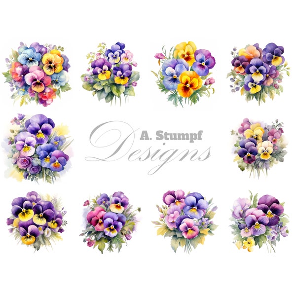 Pansy Flower Clipart Set Watercolor Bouquet Digital Floral Design Craft Supplies Scrapbook Images Printable Botanical Clip Art Print Design