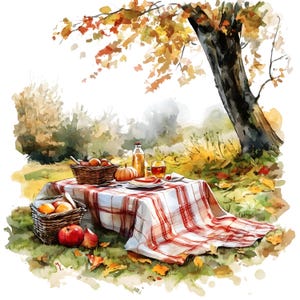 10 imágenes prediseñadas de paisajes otoñales de picnic, acuarela digital, pintura rústica de otoño, ilustración acogedora para exteriores, decoración de cosecha, paquete de imágenes prediseñadas de campo