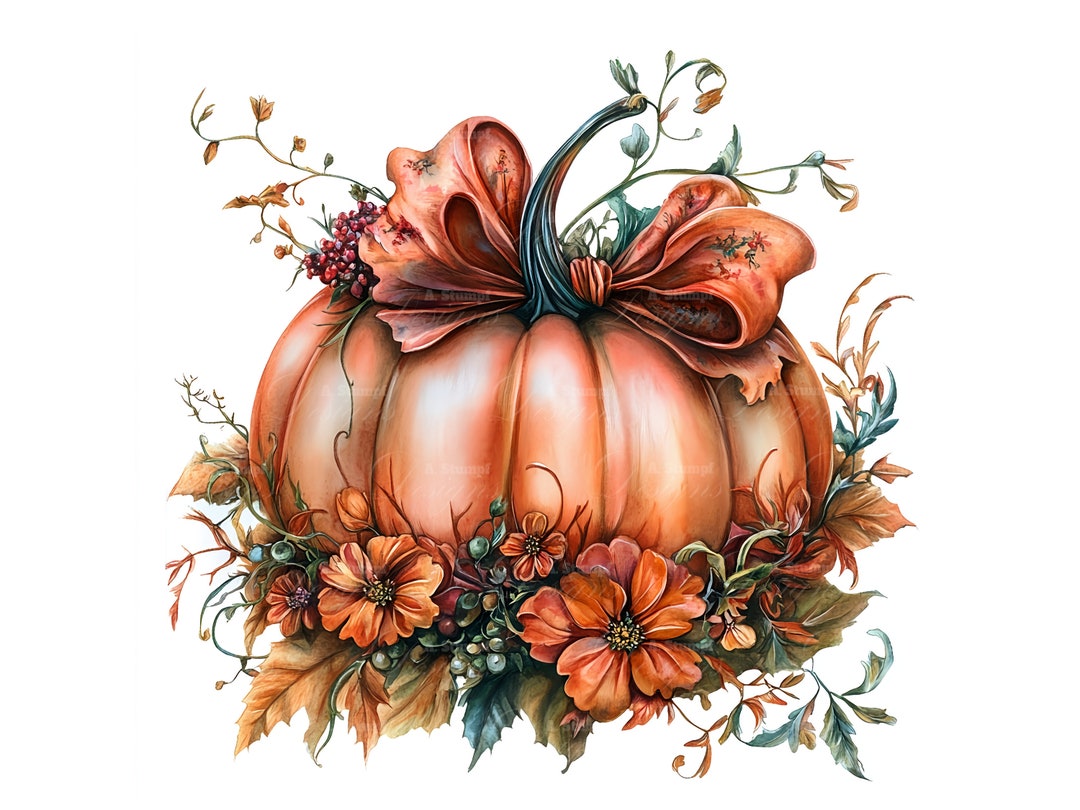 10 Floral Pumpkin Clipart Set Digital Watercolor Painting Autumn ...
