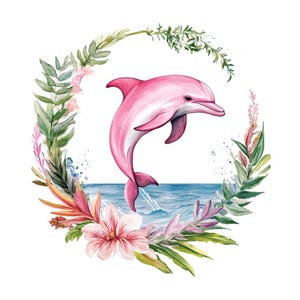 Ensemble de 10 cliparts dauphin rose aquarelle numérique peinture nautique Couronne de fleurs Illustration graphique animal marin vie marine Clip Art Bundle