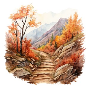 秋の山のハイキングコースのクリップアート10枚 デジタル水彩画 秋の絵画 秋の魅力のイラスト 風景写真 クリップアートバンドル