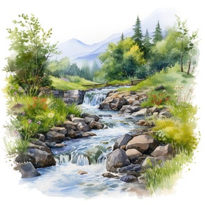 10 bergbeek zomer landschap clipart set aquarel rivier illustratie natuur landschap clip art bundel digitale aquarel