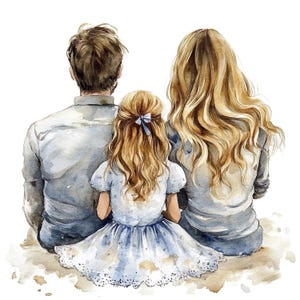 10 set di clipart di scene di famiglia felice, pittura ad acquerello digitale, illustrazione di tre membri, papà, mamma, figlia, genitori, bambino, clip art, bundle
