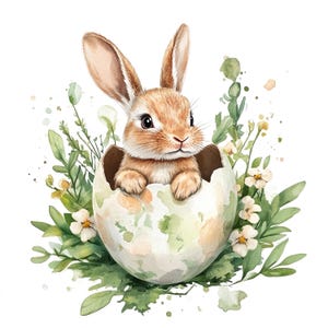 May include: Watercolor illustration of a brown bunny emerging from a cracked egg, surrounded by green foliage and small white flowers. The Easter-themed artwork has a soft, pastel color palette and a whimsical feel.