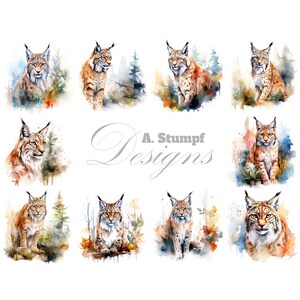 Luchs Clipart Set - 10 Aquarell Illustrationen - Digital Aquarell Clipart - Digital Aquarellbilder - Digital Download - 300 DPI