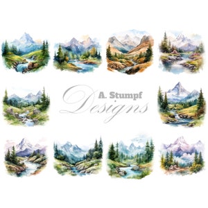 Conjunto de imágenes prediseñadas de paisajes de montañas, acuarela, arte natural, diseños al aire libre, elementos para álbumes de recortes, suministros para manualidades digitales, impresiones digitales, arte