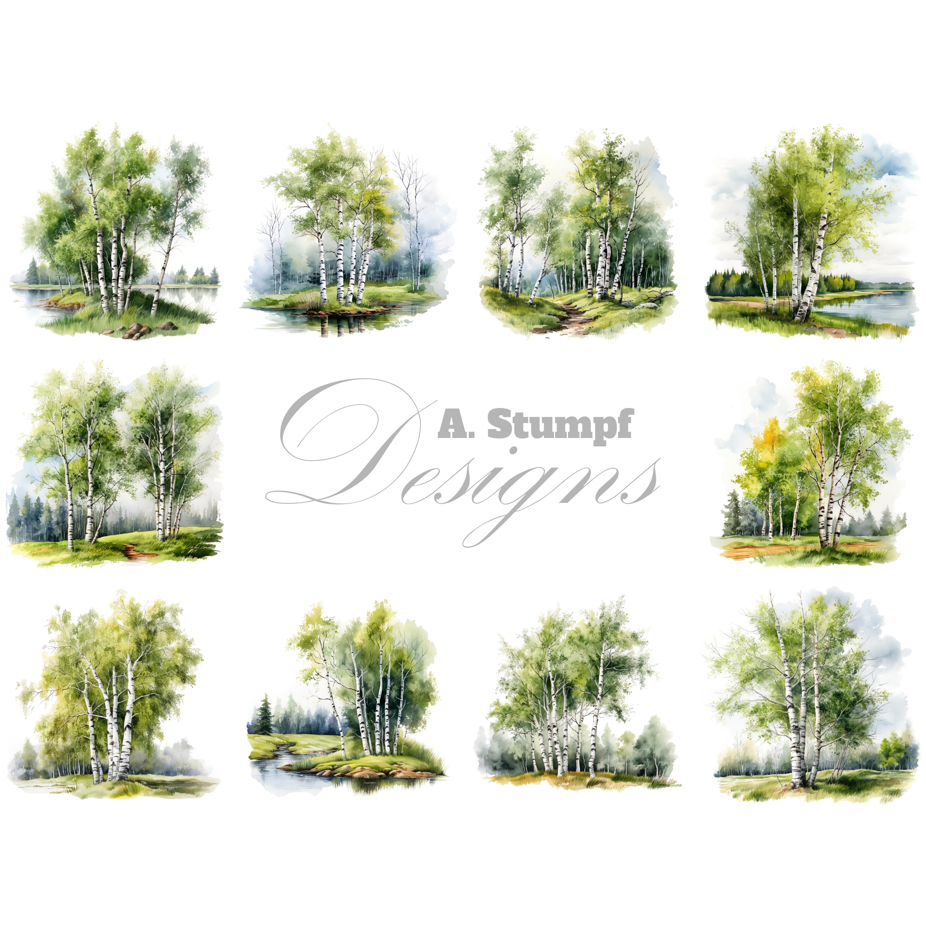 Birch Tree Clipart Nature Clip Art Bundle Watercolor Printable Wall Art ...