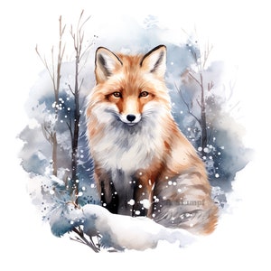 10 set di clipart invernali di volpe, pittura ad acquerello digitale, foresta, bosco, animali, fauna selvatica, illustrazione, volpe delle nevi in una scena naturale, clip art bundle