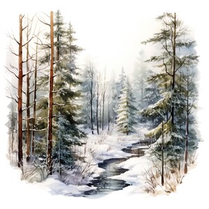 10 winter boslandschap clipart set digitale aquarel schilderij besneeuwde pijnbomen illustratie Frosty Woodland Wildlife Clip Art bundel