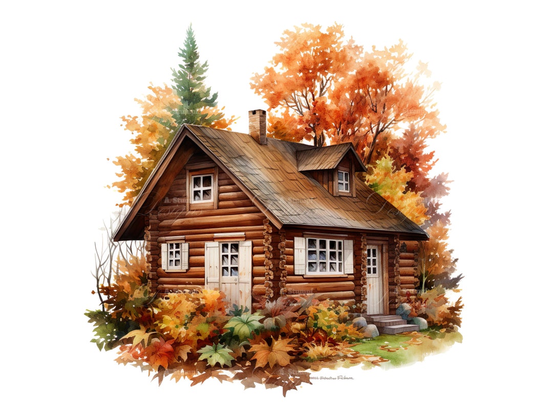 10 Log Cabin Autumn Clipart Set Digital Watercolor Fall Scene Painting