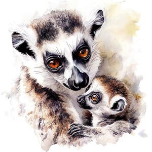 Ensemble de 10 cliparts maman lémurien caresser son bébé, peinture aquarelle numérique, illustration d'amour de famille dans la jungle, ensemble d'animaux tropicaux clip art