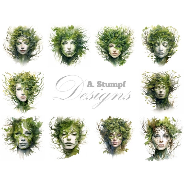 Woman Face made of Moss and Tree Branches, Watercolor Clipart Set, Surreal Art, Fantasy Portrait, Digital Background, Story Illustration