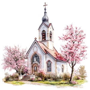 10 set di clipart di natura primaverile di chiesa, pittura digitale ad acquerello, bellezza, illustrazione di paesaggio primaverile, scena di fioritura floreale, clip art bundle