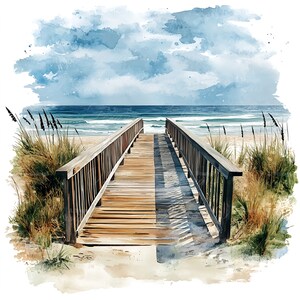 10 遊歩道のビーチの小道のクリップアート デジタル水彩画 海辺の木製の歩道のイラスト 夏のビーチサイドのシーン オーシャンフロントのクリップアート