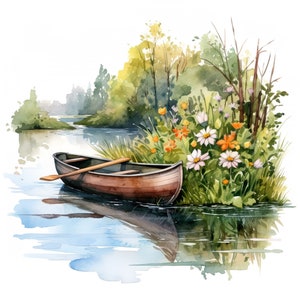 10 vieux bateau à aubes sur la rive de la rivière Clipart Nature paysage Clip Art Bundle Illustration numérique à l'aquarelle aventure en plein air ensemble de graphiques
