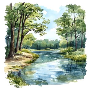 Conjunto de 10 imágenes prediseñadas de paisajes naturales ribereños, acuarela digital, ilustración de un río tranquilo, arroyo sereno, agua fluyendo, paquete de imágenes prediseñadas