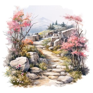 Conjunto de 10 imágenes prediseñadas de senderos rocosos para caminatas en un paisaje primaveral, pintura digital con acuarela, imágenes prediseñadas de la naturaleza, ilustración de un sendero panorámico de montaña