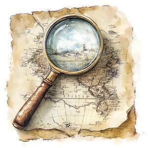 10 loupe vieille carte vintage Clipart ensemble peinture aquarelle numérique chasse au trésor antique Design Illustration aventure Clip Art