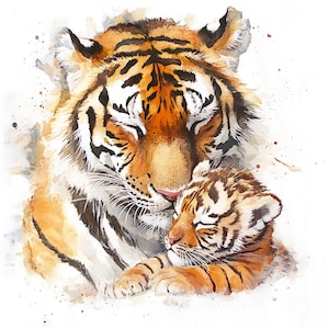 10 set di clipart di mamma tigre che accarezza il suo cucciolo, pittura ad acquerello digitale, illustrazione di animali selvatici della giungla, clip art di famiglia della fauna selvatica