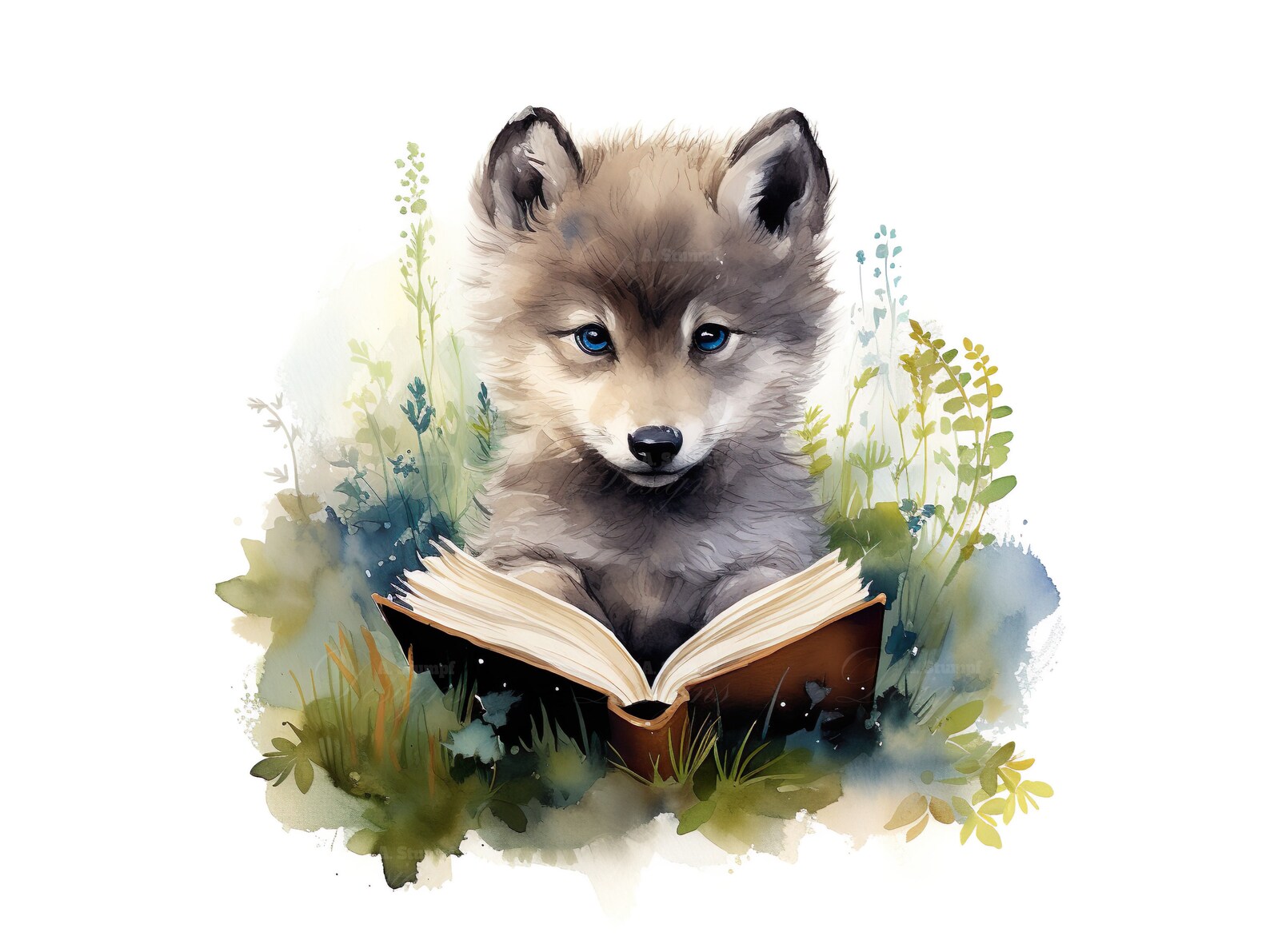 10 Baby Wolf Reading A Book Clipart Set Digital Watercolor Painting ...