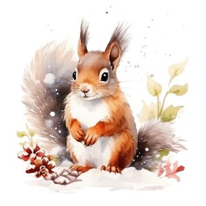 Conjunto de 10 imágenes prediseñadas de ardillas, pintura de acuarela digital, ilustración de animales, bosque, árboles, escenas de vida salvaje, amantes de la naturaleza, paquete de imágenes prediseñadas