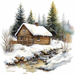 10 houten hut winter clipart set bos huisje clip art bundel digitale aquarel natuur schilderij bos beek landschap illustratie