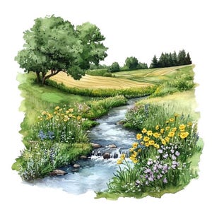 10 種類の田舎の風景のクリップアート セット デジタル水彩画 田舎の風景イラスト 草原グラフィック 自然アートワーク クリップアート バンドル