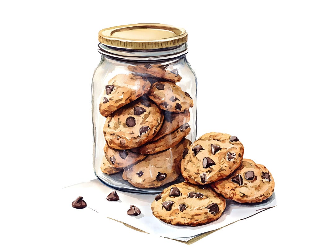10 Chocolate Chip Cookies in a Jar Clipart Set Digital Watercolor ...