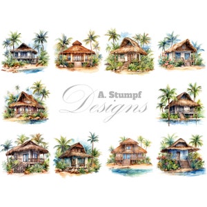 Clipart maison Palapa, lot de cabane tropicale, ensemble de bungalows de plage, clipart cabane exotique, éléments de maison de vacances, cartes postales de vacances, carte de voeux