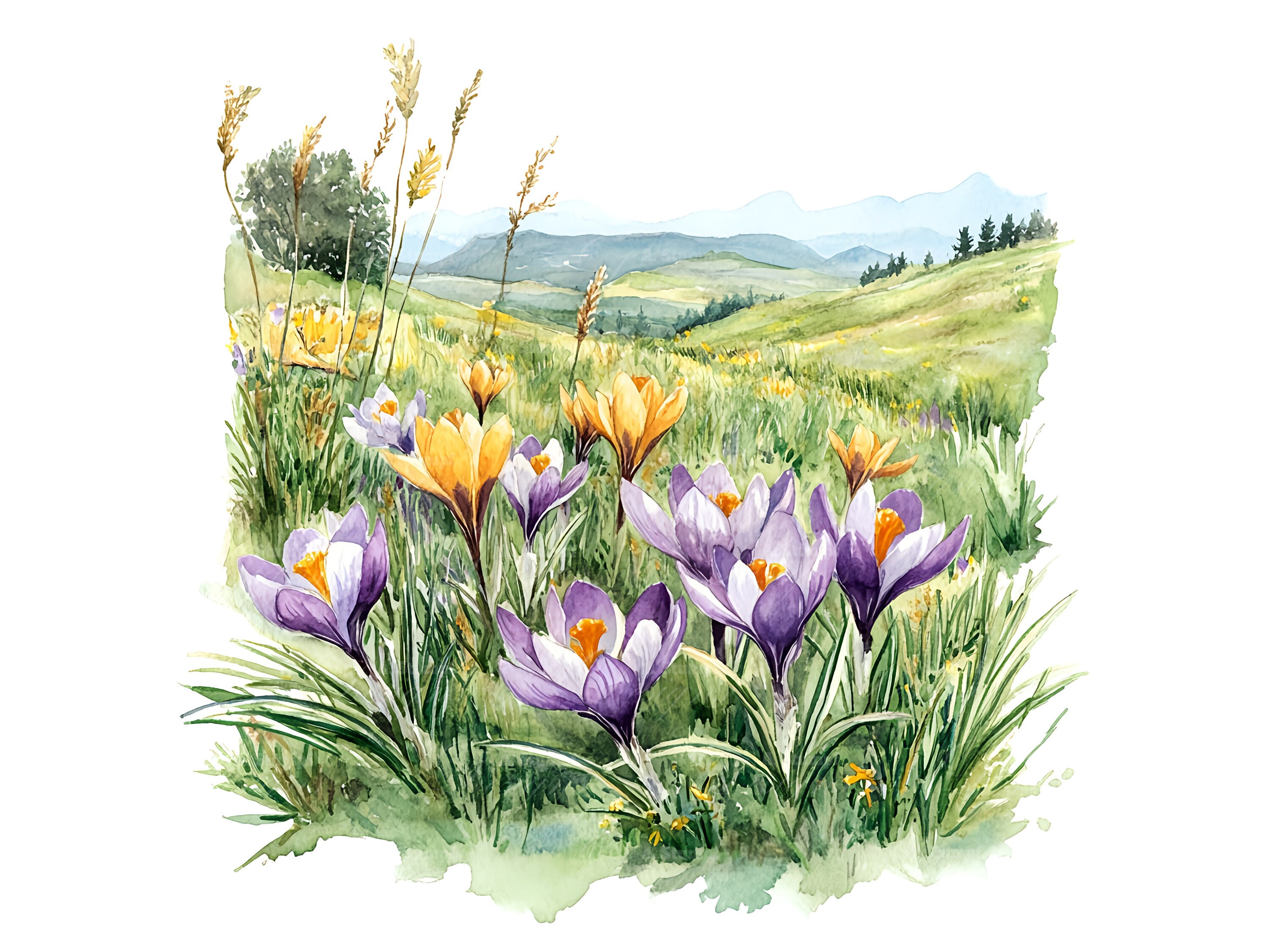 10 Crocus Flowers Meadow Landscape Clipart Set Digital Watercolor ...