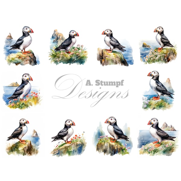 Puffin Clipart Set Watercolor Bird Illustration Bundle Scrapbook Image Printable Clip Art Pack Wall Art Painting Nursery Print Poster