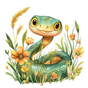 10 divertidas caricaturas de serpientes en la hierba y flores, clipart, acuarela digital, linda ilustración de reptil, serpiente sonriente, clip art, paquete