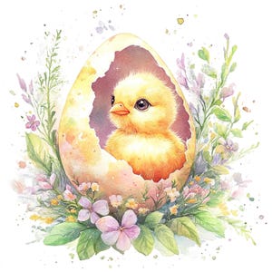 10 set di clipart di pulcini dentro le uova di Pasqua, pittura ad acquerello digitale, illustrazione di pulcini, grafica di gusci d'uovo, bundle di clipart di animali primaverili