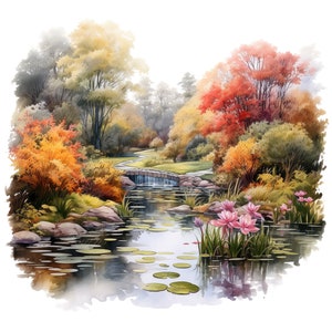 秋の庭の池のクリップアート 10 点セット 秋の池のシーンのイラスト デジタル水彩画 秋の自然風景 クリップアート バンドル