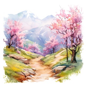 10 Berg Wandern Weg Frühling Clipart Set Digitale Aquarell Malerei Malerische Weg Natur Illustration Alpine Landschaft Clip Art Bundle