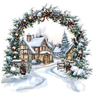 10 Weihnachtsszene Kranz Bogen Clipart Set Digitales Aquarell Malerei Verschneite Winter Landschaft Illustration Urlaub Dekor Clip Art Bundle