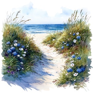10 Blumen Sanddüne Clipart Strand Weg Digitales Aquarell Gemälde Küsten Blumen Illustration Sommer Meer Clip Art Ozean Natur Szene