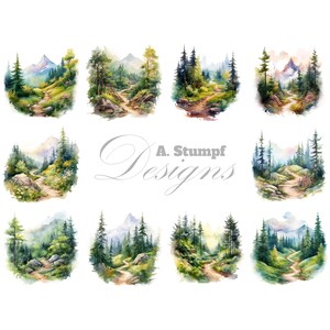 Montanha Floresta Caminho Paisagem Clipart Natureza Clipart Conjunto Livro de Aventura Presente para Aventureiros Impressões Personalizadas Cartão Fazendo Clip Art Pacote