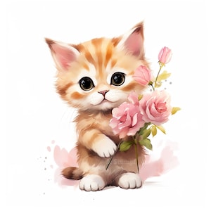 Lot de 10 cliparts chat tenant des fleurs, peinture aquarelle numérique, chaton romantique amoureux, illustration florale pour la Saint-Valentin, clipart