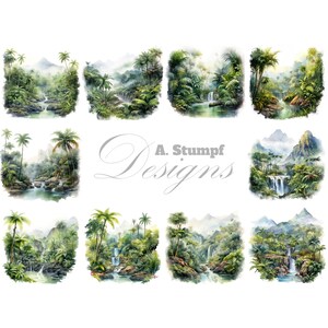 Imágenes prediseñadas de paisaje de selva tropical, arte tropical, decoración de jungla, gráficos naturales, escena de selva tropical, arte de pared imprimible, imágenes para álbumes de recortes