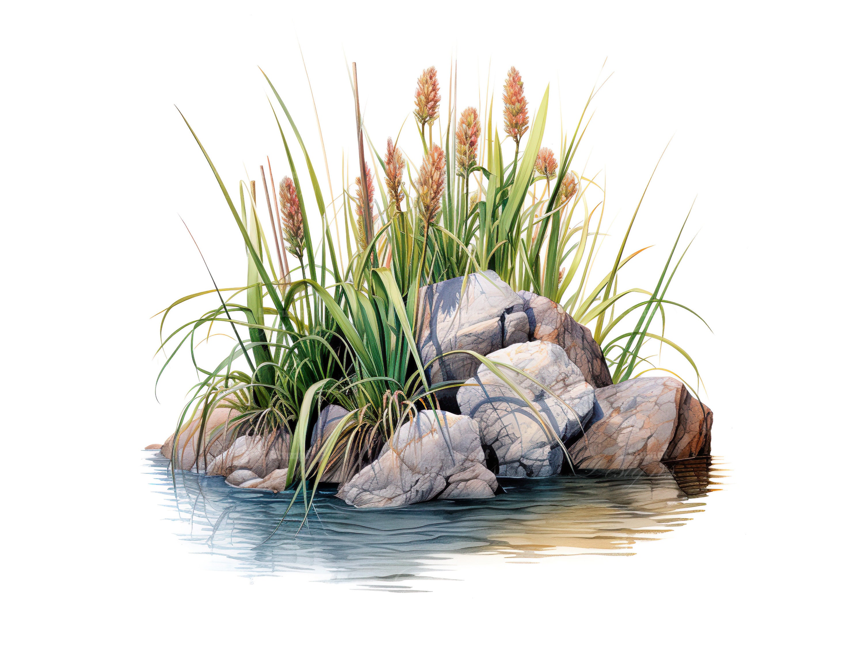 10 Bulrushes Among Rocks, Watercolor Nature Clipart, Digital Botanical ...