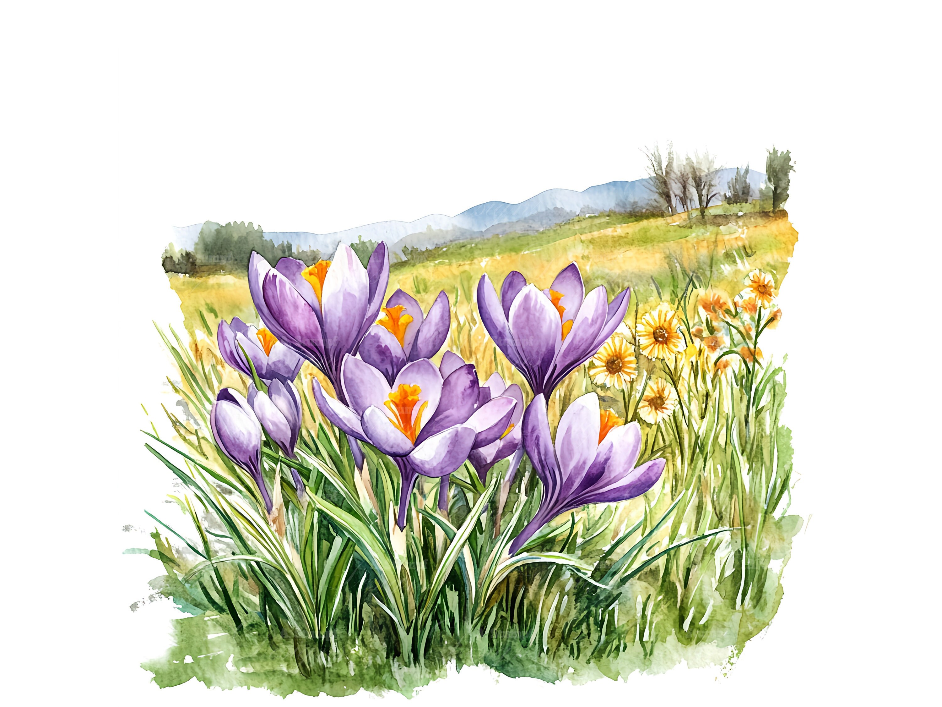 10 Crocus Flowers Meadow Landscape Clipart Set Digital Watercolor ...