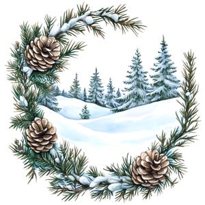 10 Clipart di scene di boschi invernali, pittura ad acquerello digitale, illustrazione di paesaggi innevati, foresta di pini, clip art festosa
