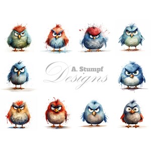 Mürrische Vögel Clipart-Set Aquarell Cartoon Clip Art Bundle druckbare Wand Kunst lustige Kunstdruck Vogel Kinderzimmer Dekor niedliche Tier Illustration